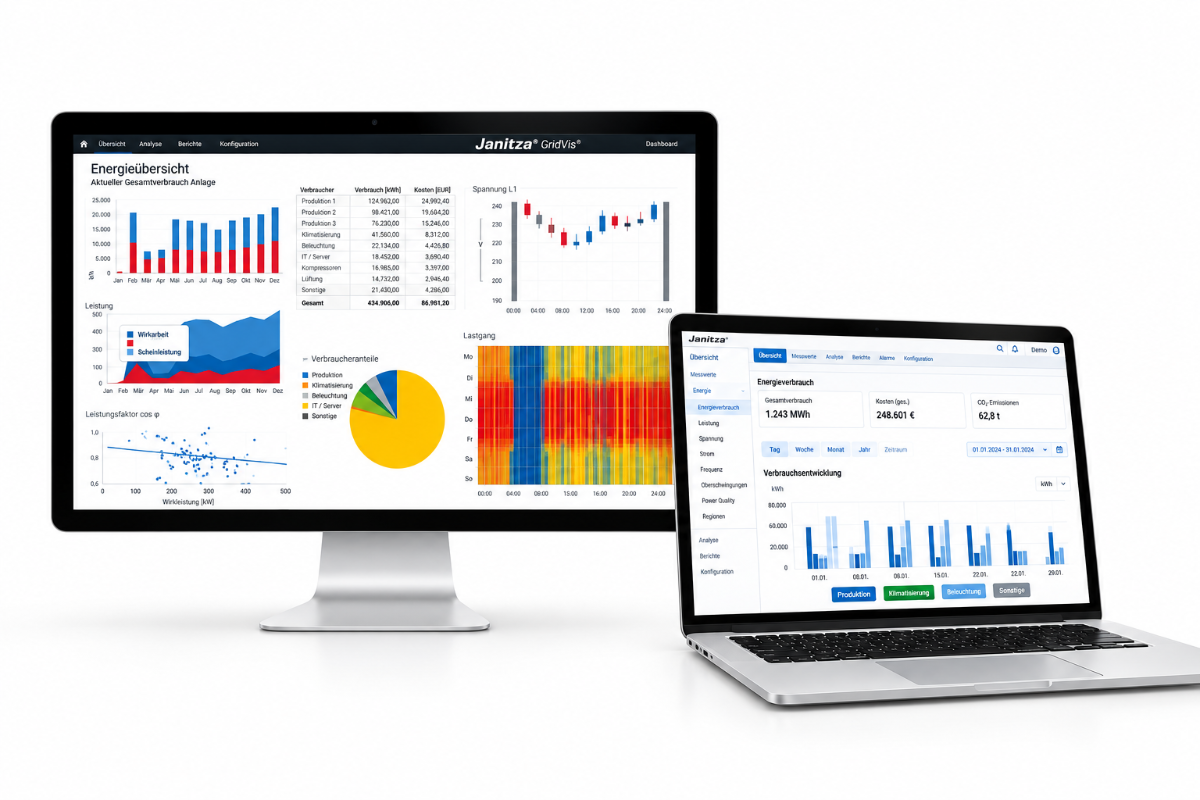 Painel do software GridVis em monitor e notebook